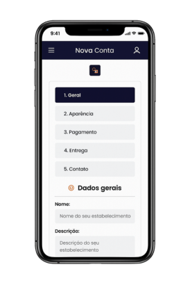 Mockup de um iPhone exibindo a tela de cadastro da plataforma Shopweb, com campos para nome, descrição, URL e informações da loja